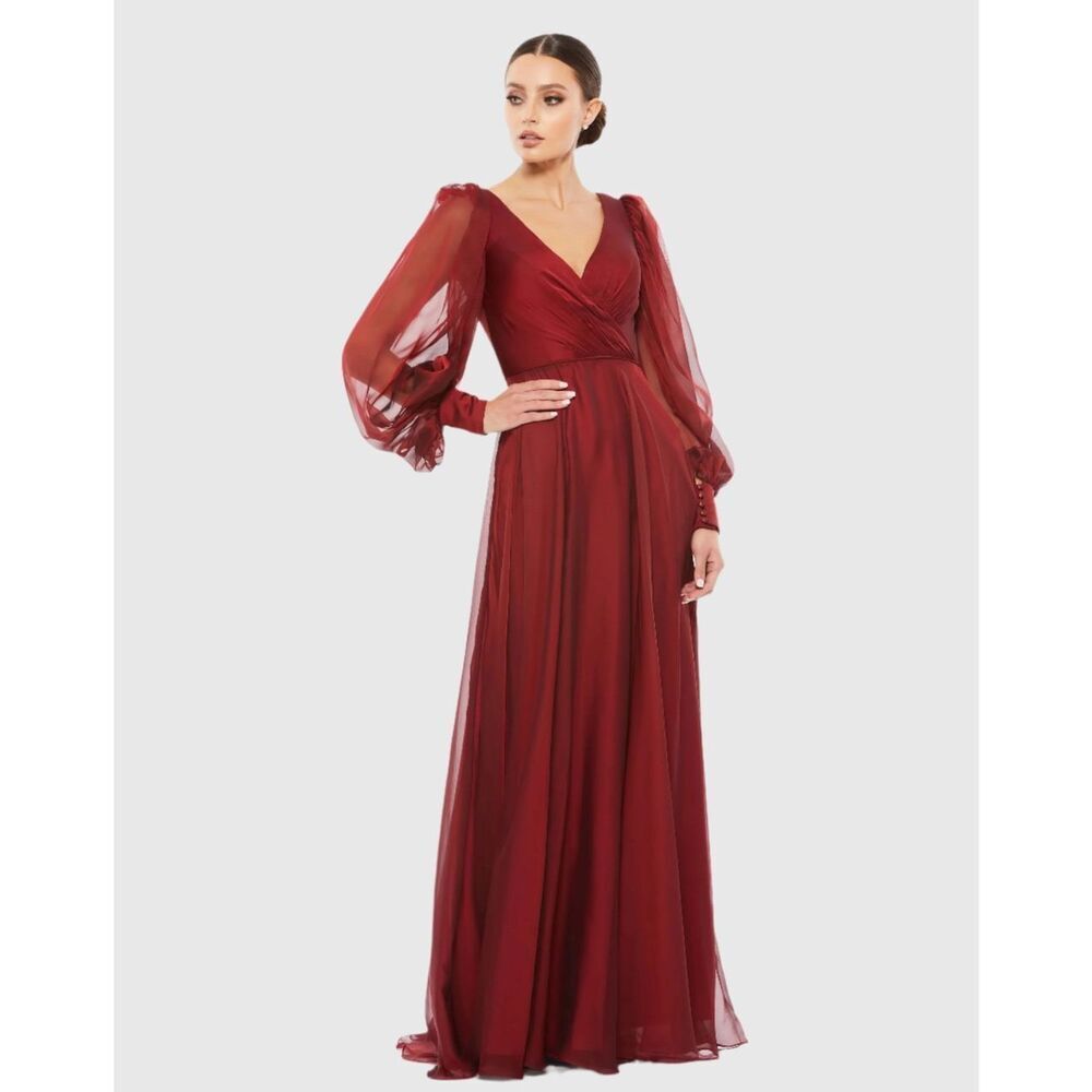 Mac Duggal NWT Sheer Blouson Sleeve Surplice Gown in Garnet Size 18